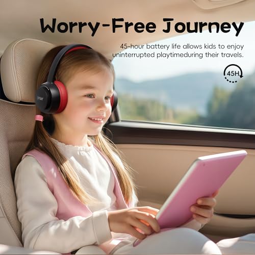 Kids Bluetooth Headphones, Toddler Headphones 85 dBA Safe Volume, 45 Hours Playtime, with Mic, Bluetooth 5.3, Kids Wireless Headset for iPad/Tablet/Travel/School, ldeal Gift (Black/Red) - color: Black/Red