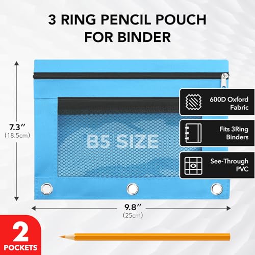 3 Ring Pencil Pouch for Binder, 2-Pocket Zipper Pencil Case with Clear Window & Mesh Pocket, 600D Oxford Fabric Binder Pouch for School Office Supplies, Fits Standard 3-Ring Binders, Sky Blue - color: Sky Blue