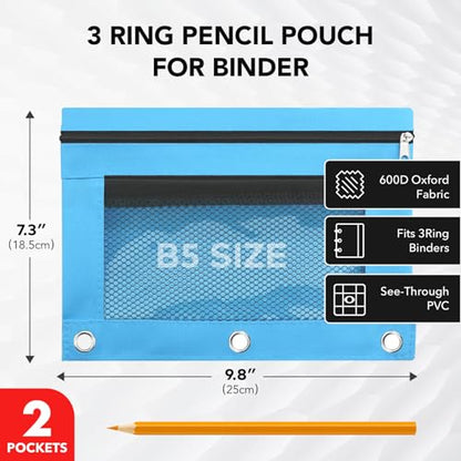 3 Ring Pencil Pouch for Binder, 2-Pocket Zipper Pencil Case with Clear Window & Mesh Pocket, 600D Oxford Fabric Binder Pouch for School Office Supplies, Fits Standard 3-Ring Binders, Sky Blue - color: Sky Blue