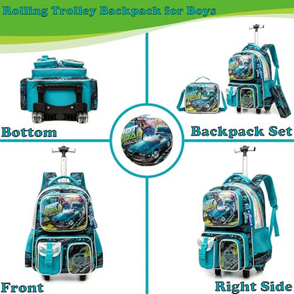 School Kids Rolling Backpack for Boys 17" Multiple Function Pockets - color: Blue-240525-lg