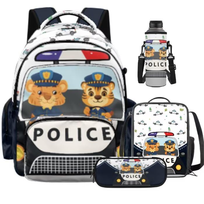 Cute Police Car Backpack for Kids Backpack Set of 4 with Lunch Bags Box Pencil Pouch for Boys Age 6-12 4Th 5Th 6Th Grade Water Bottle Holder Middle Kindergarten Primary School Bag 17 inch - color: Cute Police Car