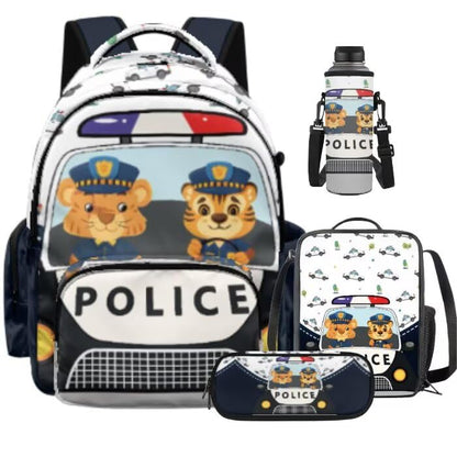 Cute Police Car Backpack for Kids Backpack Set of 4 with Lunch Bags Box Pencil Pouch for Boys Age 6-12 4Th 5Th 6Th Grade Water Bottle Holder Middle Kindergarten Primary School Bag 17 inch - color: Cute Police Car
