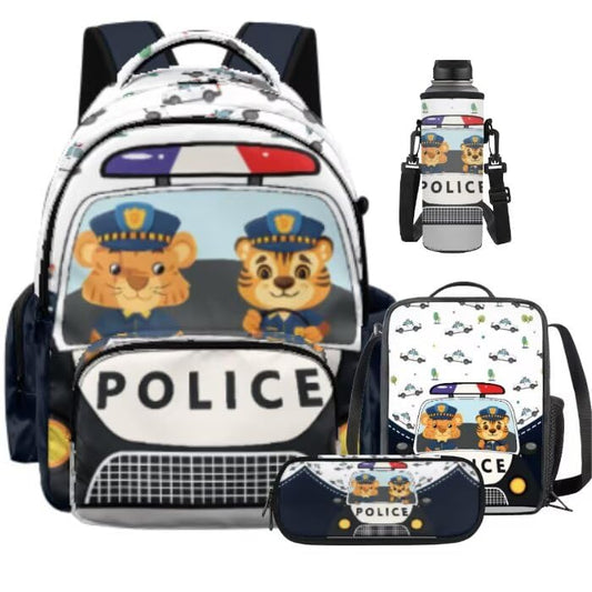 Cute Police Car Backpack for Kids Backpack Set of 4 with Lunch Bags Box Pencil Pouch for Boys Age 6-12 4Th 5Th 6Th Grade Water Bottle Holder Middle Kindergarten Primary School Bag 17 inch - color: Cute Police Car