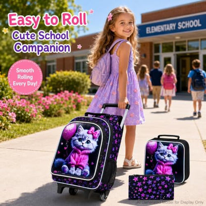CCJPX 3Pcs Cat Rolling Backpack for Girls, 18" Kids Wheeled Bookbag with Lunch Box, Lightweight Roller School Bag for Elementary Preschool (Black) - color: Pink-clothed Cat