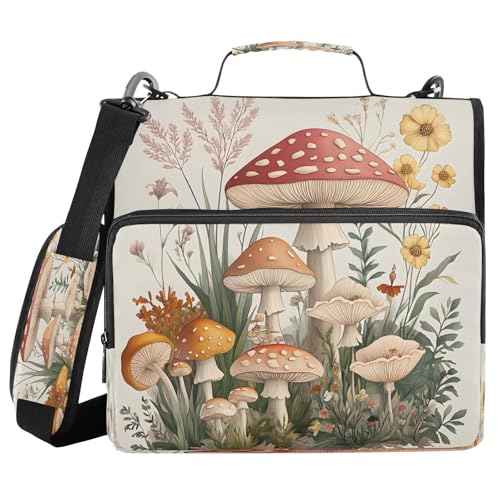 ALAZA Zipper Binder 3 Ring Mushroom Vintage Binder Organizer with Zipper and Shoulder Strap Large Capacity Multi-Pocket Trapper Keeper File Folder for Office Supplies - color: Multicolored 26