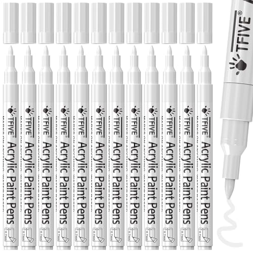 TFIVE 12 White Acrylic Paint Markers, Permanent Paint Pens Extra Fine Tip | Waterproof, Quick Dry, Fade Resistant, 0.7mm Water Based Marker Pen for Rock, Wood, Plastic, Metal, Glass, Rubber - color: White