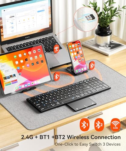 Foldable Bluetooth Keyboard with Touchpad & Number Pad, 3 Devices (2.4G+BTx2) Fold Portable Keyboard, Full Size Key Large Trackpad Wireless Travel Rechargeable Keyboards for Android Windows iOS Tablet