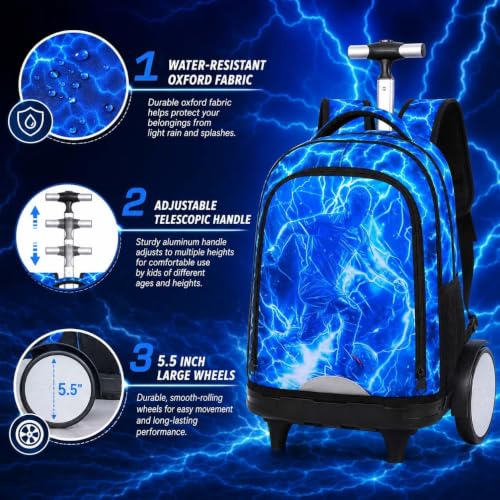 3Pcs Large Rolling Backpack for Boys, 20 Inch Detachable Wheeled Bookbag with Lunch Box, Durable Lightning Soccer Roller Backpack for Elementary Middle School (Blue) - color: Large Wheels Soccer Blue