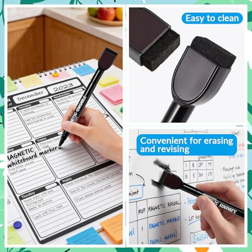 Magnetic Dry Erase Markers, 0.5 mm Ultra Fine Black Whiteboard Markers with Built-in Eraser, Low Odor Thin Marker for White Board Home Office Classroom, 12 Pcs