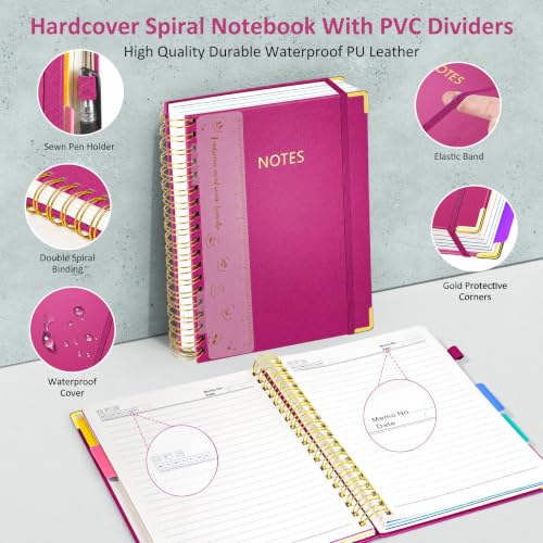 Hardcover Spiral Notebook Journal with Removable PVC Dividers - 8'' x 10'' Large 300 Page B5 Hardcover Leather College Lined Journals Notebook for Work Note Taking Office Home School Supplies, Rose red - color: rose red