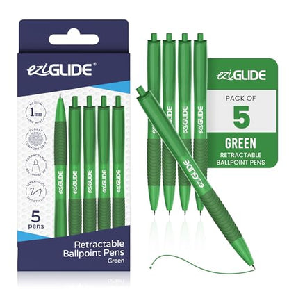 Retractable Ballpoint Pens, Pack of 5 Pens Ink, Smooth Writing Ballpoint Pens for Writing, Note-Taking & Everyday Use, Great for Office, School & Home (Green) - color: Green