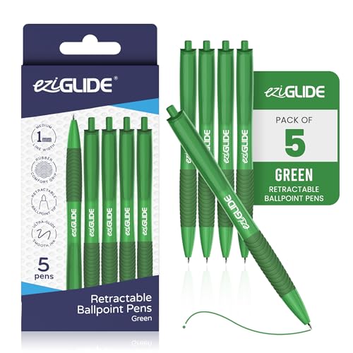 Retractable Ballpoint Pens, Pack of 5 Pens Ink, Smooth Writing Ballpoint Pens for Writing, Note-Taking & Everyday Use, Great for Office, School & Home (Green) - color: Green