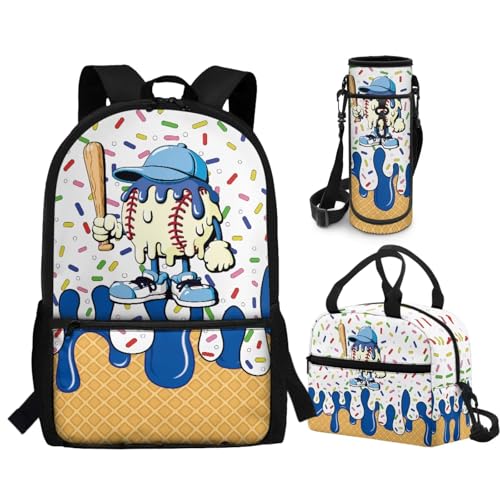 CLOHOMIN Baseball Bookbag and Lunch Box Age 8-10/10-12 Ice Cream School Bags Set Elementary School Bookbag 3rd Grade with Lunch Bag Water Bottle Sleeve 3 in 1 Cute Book Bags for Middle School - color: Baseball Ice Cream