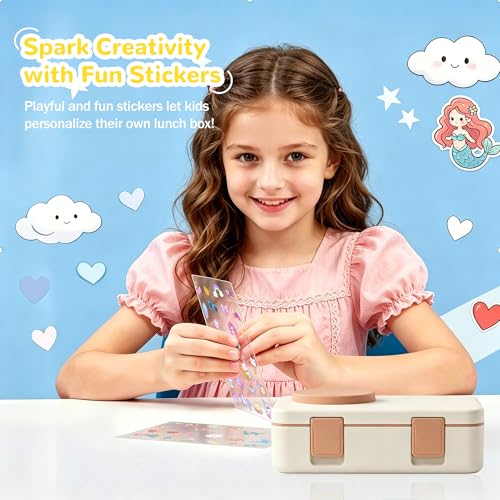 Bento Box for Kids, Leakproof Kids Bento Lunch Box Container with 8oz Insulated Thermo Food Jar, Sauce Jar, Utensil, DIY Stickers for School Boys Girls, 3-4 Compartments, BPA-Free - color: Beige