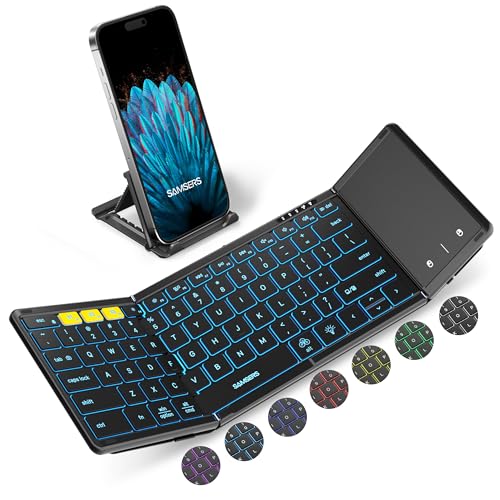 Samsers Foldable Bluetooth Keyboard with Touchpad, Full-Size Wireless Folding Keyboards with Backlight, Portable Travel for iOS Android Windows Mac OS, Support 3 Device(BT5.1 x 3), Black - color: Black