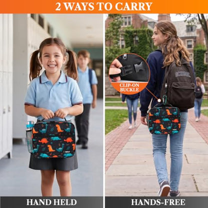 opux Insulated Lunch Bag for Kids, Reusable Lunch Box for School with Leakproof Lining, Compact Soft Cooler Tote for Boys & Girls, Front Pocket, Mesh Side Bottle Holder (Dinosaur) - color: Dinosaur