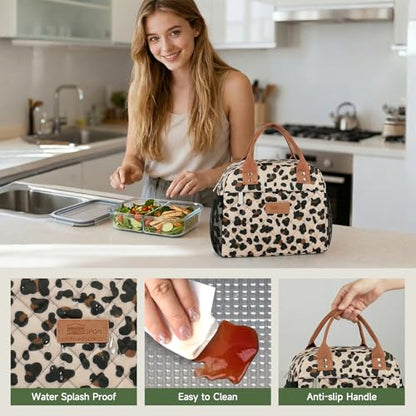HOMESPON Insulated Lunch Bag for Women Men, Cooler Tote Box, Beige Leopard | Front Pocket, Side Mesh Pockets, Reusable, for Work, Picnic, Food Container - color: Leopard Print
