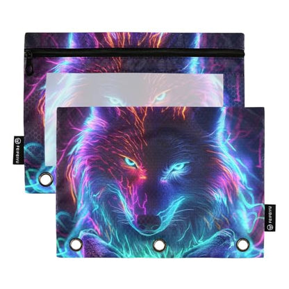 Neon Wolf Galaxy Wolves Pencil Pouch for 3 Ring Binder 2 Pack Zipper Binder Pencil Bag with Clear Window Pencil Case for Office Supplies - color: Multi71