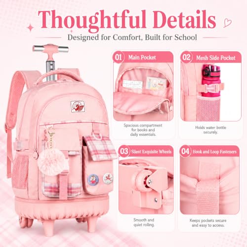 gxtvo 3PCS Rolling Backpack for Girls, Women Wheeled Bookbag with Lunch Box for Adults, Kids Water Resistant Roller School Bag for Teens Travel - Pink - color: 3pcs Set Pink