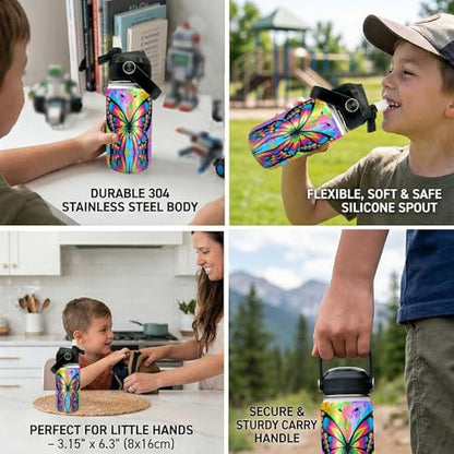 Butterfly Kids Water Bottle 12oz Stainless Steel Insulated Bottle Vacuum Leak Proof Straw Lid with Double Wall BPA Free School (Color3) - color: Color3