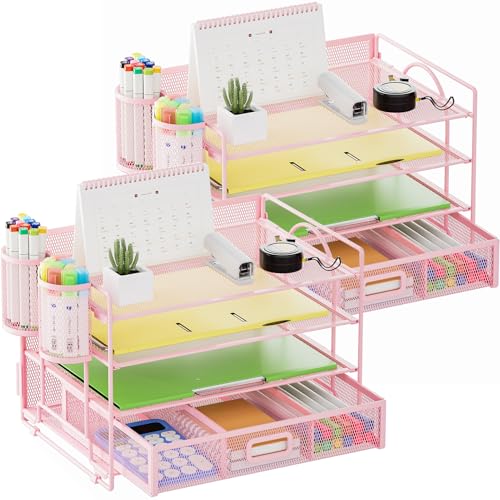 Marbrasse Desk Organizer and Accessories, 4-Tier Paper File Letter Tray Accessories & Workspace Desk Organizers with Drawer and 2 Pen Holders for School Home Office Supplies(Pink)-2P - color: Pink with Pen Holder 2P