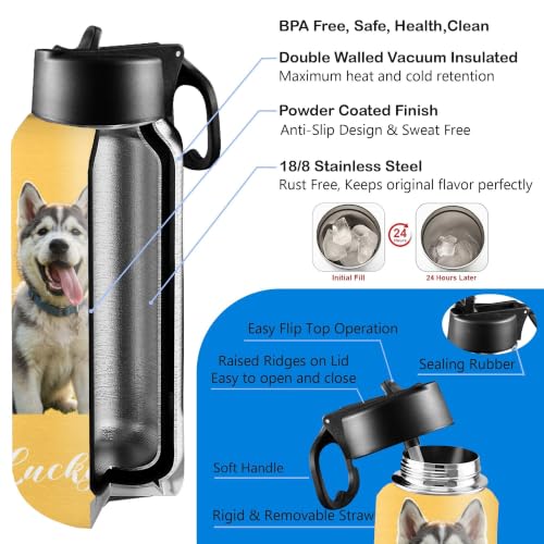 D-Story Personalized Water Bottle with Pets on it, Custom 18 oz Leak-Proof Stainless Steel Insulated Flask with Straw Lid, Funny Picture Gifts for Dog Dad Mom Pet Lovers - color: Pet Picture