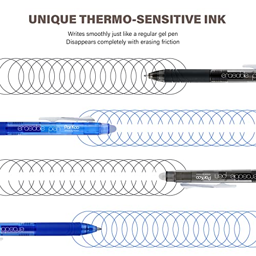 ParKoo Retractable Erasable Gel Pens Clicker Fine Point 0.7 mm, Make Mistakes Disappear, 3 Black/3 Blue Ink Pens with 4 Bonus Refills for Drawing Writing Journaling and Crossword Puzzles - color: Black Blue