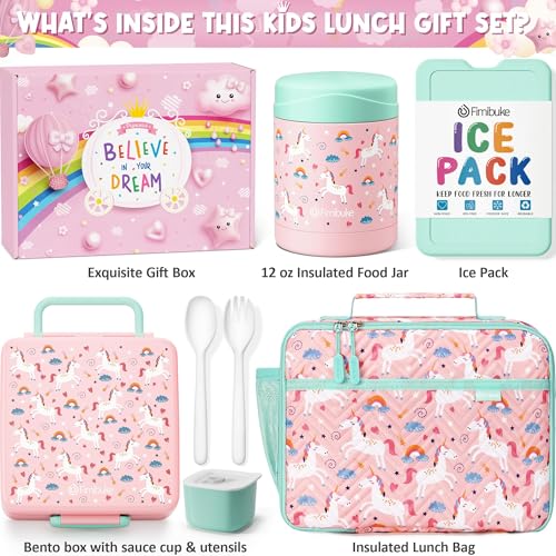Fimibuke Kids Bento Snack Lunch Box with 4 Compartments, Insulated lunch Bag, Stainless Steel Thermo Food Jar, Ice Pack & Utensils, Unicorn Birthday Gifts for Age 3-12 Back to School Toddler Girl Boy | Lunch Box Kids with 4 Compartment, Food Jar, Ice Pack