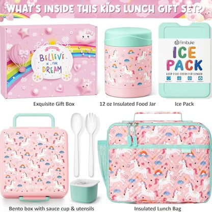 Fimibuke Kids Bento Snack Lunch Box with 4 Compartments, Insulated lunch Bag, Stainless Steel Thermo Food Jar, Ice Pack & Utensils, Unicorn Birthday Gifts for Age 3-12 Back to School Toddler Girl Boy | Lunch Box Kids with 4 Compartment, Food Jar, Ice Pack