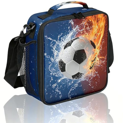 Pardick Soccer Lunch Box for Boys Insulated Kids Lunch Box Reusable Leakproof Lunch Bag Thermal Cooler Tote Picnic Lunchbox with Adjustable Shoulder Strap Back to School Gifts for Teens Boys Students - color: Fire Water Soccer