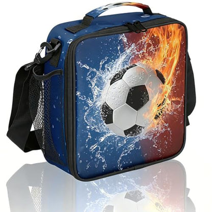 Pardick Soccer Lunch Box for Boys Insulated Kids Lunch Box Reusable Leakproof Lunch Bag Thermal Cooler Tote Picnic Lunchbox with Adjustable Shoulder Strap Back to School Gifts for Teens Boys Students - color: Fire Water Soccer