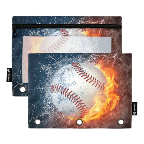 Baseball Fire Print Pencil Pouch for 3 Ring Binder 2 Pack Binder Pencil Case with Clear Window Pencils Bags with Zipper for Office Daily College Home Supplies - color: Multi-baseball Fire