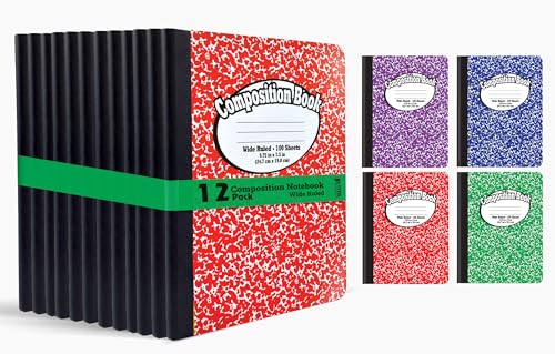 Better Office Products Composition Book Notebook - Hardcover, Wide Ruled (11/32-inch), 100 Sheet, One Subject, 9.75" x 7.5", Assorted Covers: Red, Blue, Green, Purple-12 Pack