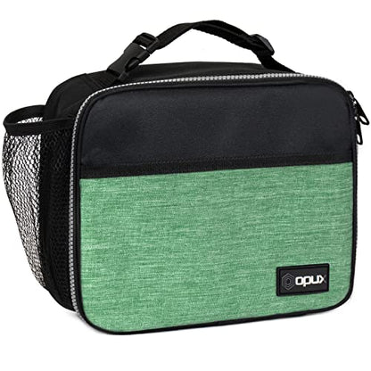opux Insulated Lunch Bag for Kids, Reusable Lunch Box for School with Leakproof Lining, Compact Soft Cooler Tote for Boys & Girls, Front Pocket, Mesh Side Bottle Holder (Heather Green) - color: Heather Green