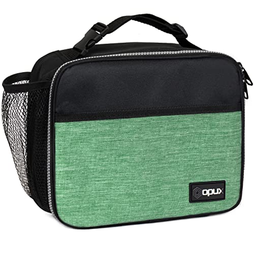 opux Insulated Lunch Bag for Kids, Reusable Lunch Box for School with Leakproof Lining, Compact Soft Cooler Tote for Boys & Girls, Front Pocket, Mesh Side Bottle Holder (Heather Green) - color: Heather Green