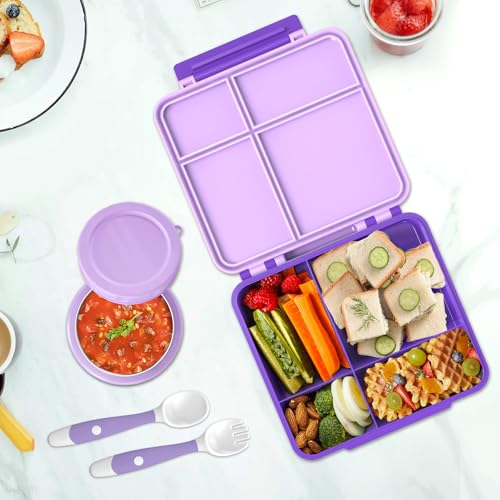 Aimsnk Lunch Box Kids with Thermo Insulated Lunch Bag for School, Purple | Bento Lunch Box for Kids with 8oz Food Jar, Leak Proof Hot Lunch Containers with 4 Compartment, Warm Lunchbox for Toddler - color: Purple