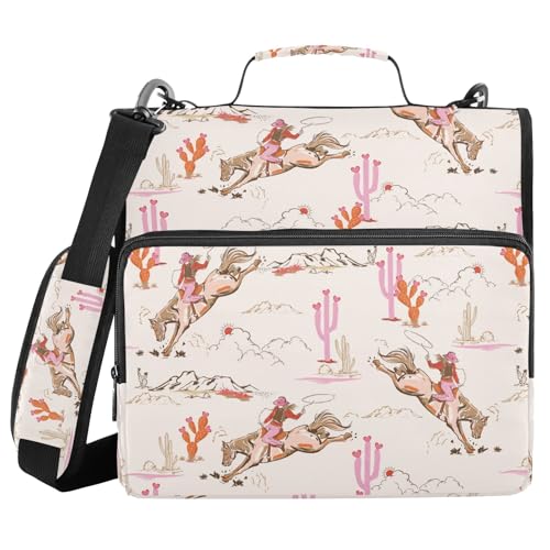 Western Cowgirl Cactus Pink Zipper Binder Bag 3 Ring with Shoulder Strap Zippered Binder Fits 13 Inch Laptop File Folder Document Organizer for College Office Supplies - color: Western Cowgirl Cactus Pink