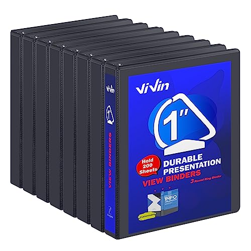 3 Ring Binder 1 Inch, ViVin Sturdy 1"-Slant D Ring Binder with 2 Interior Pockets, Clear View Cover, PVC-Free, Fits 225 Sheets of US Letter Size Paper (8 Pack, Black) - color: Black, size: 1 Inch, style: 8 Pack