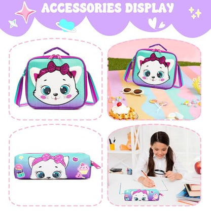 Meetbelify Rolling Backpack with Wheels for Girls Kids Cute Cat Rolling Backpack with Lunch Bag and Pencil Case Set Kids Travel Luggage for Elementary Girls Ages 5-12 - color: 01 Purple Cat
