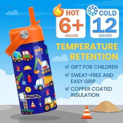 Construction Water Bottle - Kids Water Bottle with Straw Lid - 12 Oz Insulated Stainless Steel Water Bottles for Kid Boys - Travel Cup for School Sports - color: Construction 3