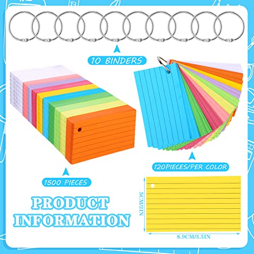 Patelai 1500 Pcs Index Cards Flash Cards with Rings 2 x 3.5 Inch Lined Notecards with 8 Pcs Metal Rings for Studying Learning Memory Office School Supplies(Mixed Color)