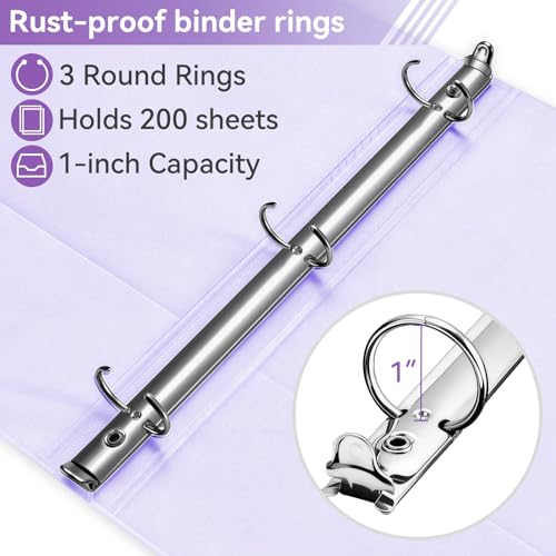 SUIN 1 Inch 3 Ring Binder, Clear 1'' View Presentation Binders with 2 Pockets, Fits 8.5 x 11 Letter Size, Durable Polypropylene, Non-Stick & PVC-Free for School, Office & Home (Pastel Purple) - color: Pastel Purple