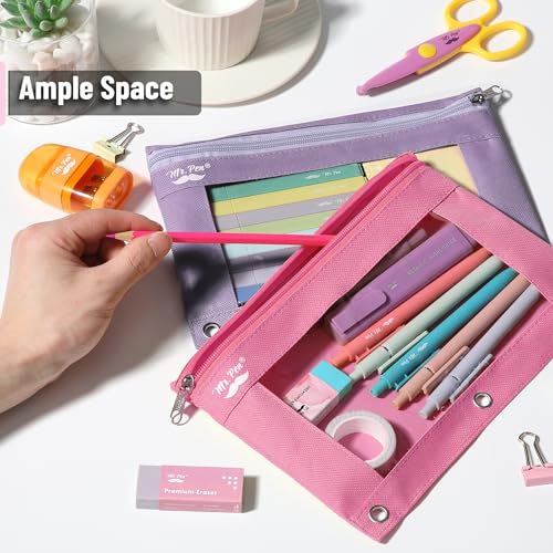 Mr. Pen- Pencil Pouch for 3 Ring Binder, 2 Pack, 10"x6.75", Smooth Zipper | Clear Window, Large Capacity Pencil Case with 3 Reinforced Grommets for School, Office, Supplies Storage | Clear Window, Large Capacity Pencil Case with 3 Reinforced Grommets for