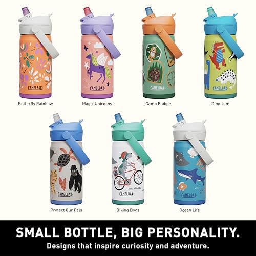 CamelBak Thrive Flip Straw Kids Bite Valve Stainless Steel Water Bottle Biking Dogs, 12oz - color: Biking Dogs