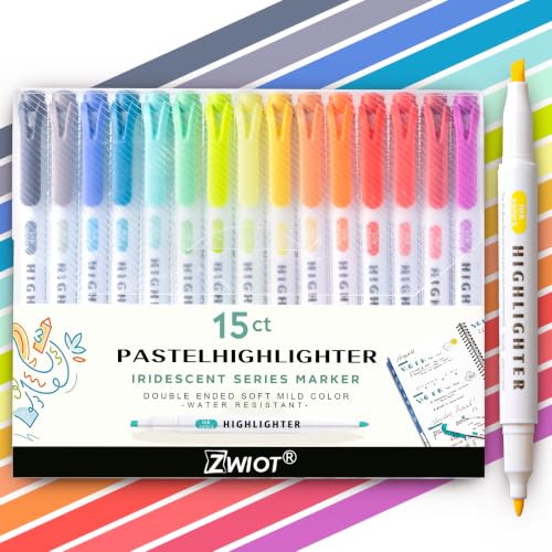 15 Count Dual-Tip Highlighters, Pastel Colors Fine & Bold Tip, Quick-Dry Non-Bleeding Highlighter Markers for Bible Journaling,School,Office,Notes (15 colors highlighters - Iridescent Color) - color: 15 colors highlighters - Iridescent Color