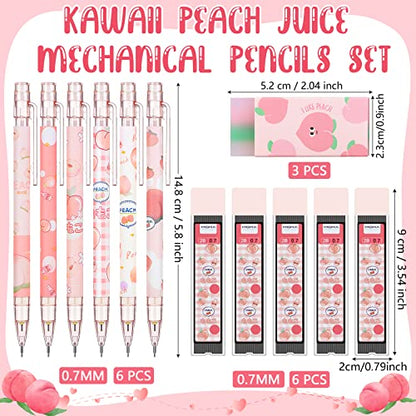 15 Pcs Kawaii Mechanical Pencil Set First School Gift Pen Include Peach Mechanical Pencils with Tubes Pencil Refills Cute Juice Peach Eraser School Supplies for Sketching Architecture Drawing (0.7 MM)