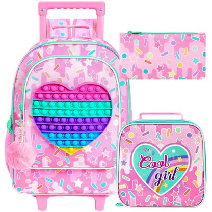 WZLVO 4PCS Love Rolling Backpack for Girls - Cute Wheeled School Set with Lunch Box,Water Resistant Roller School Backpack on Wheels for Elementary Kids Travel - color: Girls Rolling Backpack - Popular Heart