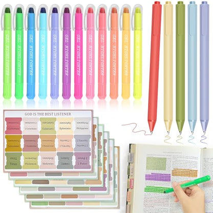 DazSpirit 12 Bright No Bleed Bible Gel Highlighters & 5 Pens with 90 Laminated Bible Tabs, Aesthetic Bible Journaling Kit School Supplies for Women & Men(73 Pre-Printed & 17 Blank Tabs) - color: Bright Gel Highlighters + Color Pens + Tabs