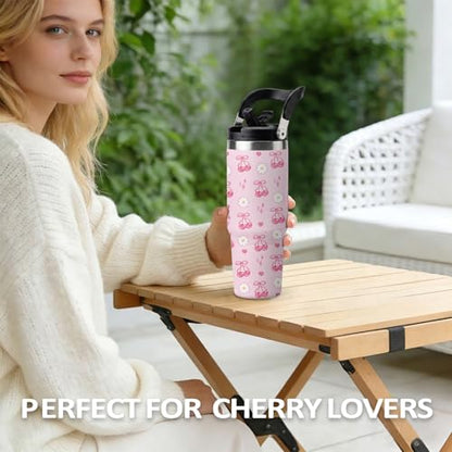 Pink Cherry Tumbler 30oz with Handle - Stainless Steel Insulated Cup, Leakproof Water Bottle with Cherry Design for Women & Girls, Perfect Birthday Christmas Gift - color: Pink cherry, size: 30 Ounces