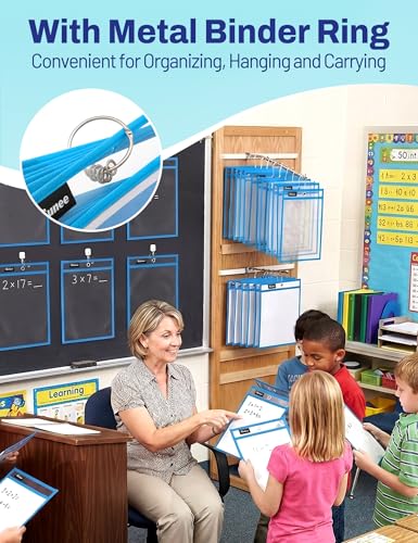 SUNEE 6 Packs Oversized Reusable Dry Erase Pocket Sleeves with Ring, Blue 10x14 Ticket Holders, Clear Plastic Sheet Protectors, Teacher School Classroom Supplies - color: Blue, style: 6 Pack